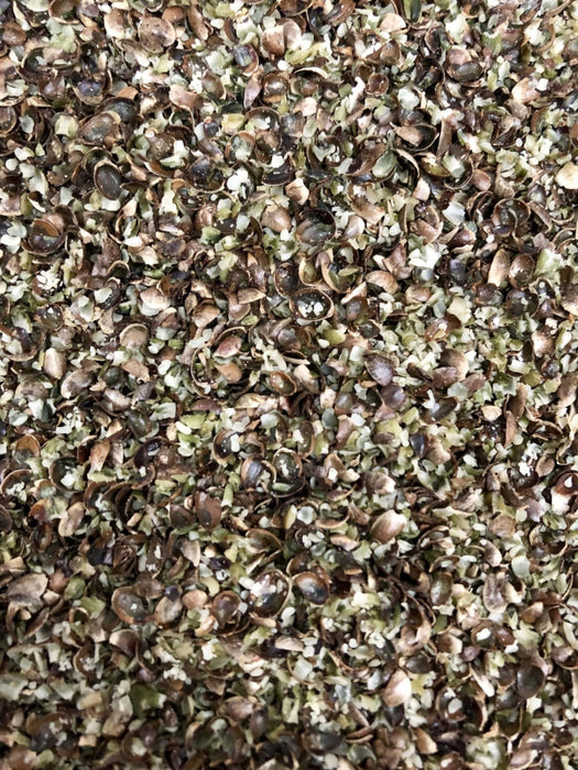 Crushed hemp seed dry particle used for fishing, showing fine oily particles ideal for groundbait and mixes. UK